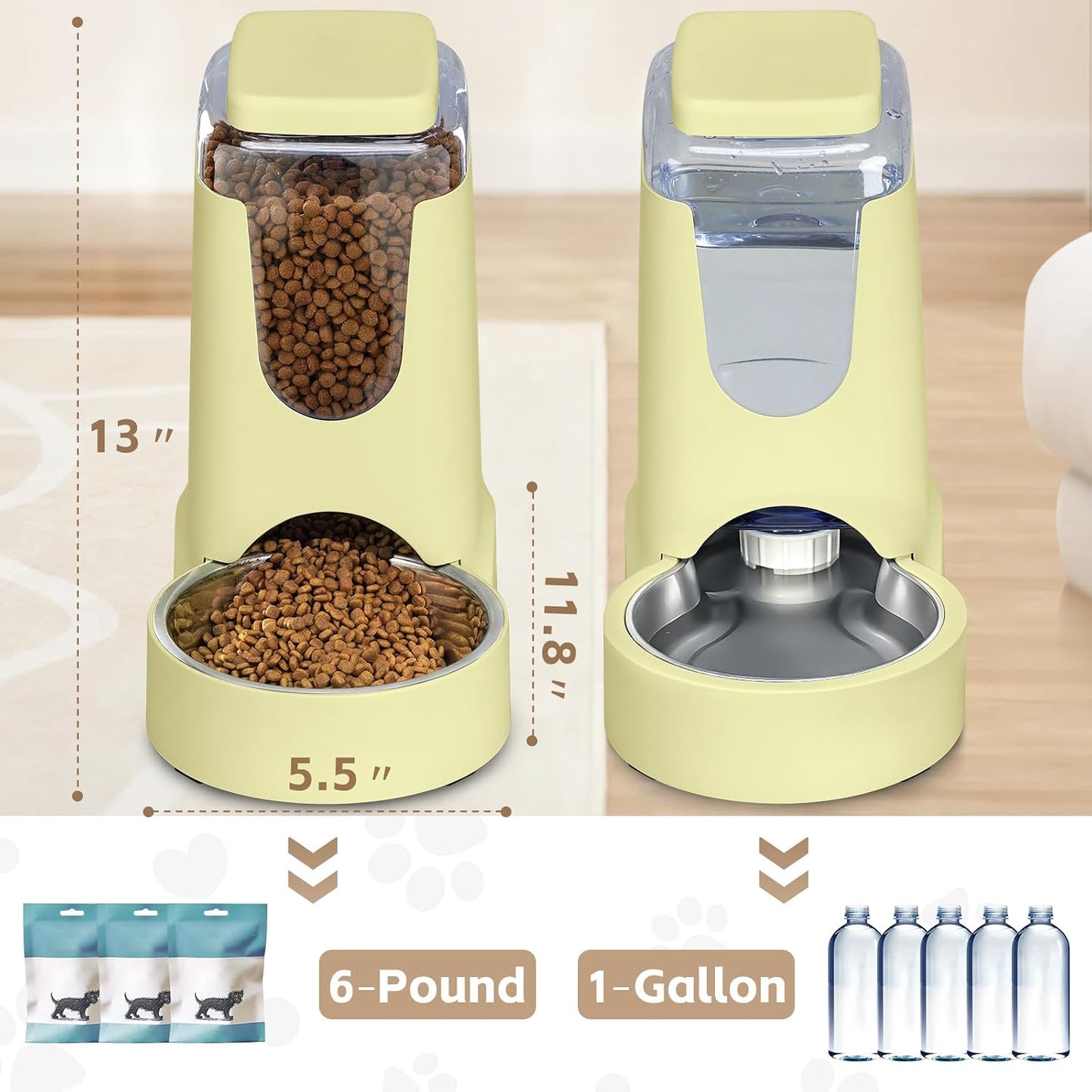 HWONMTE Portable Automatic Cat Feeder and Water Dispenser with Stainless Steel Bowl Dog Gravity Food Feeder and Waterer for Small Medium Pets Puppy Kitten 1 Gallon x 2 (Cream Yellow)