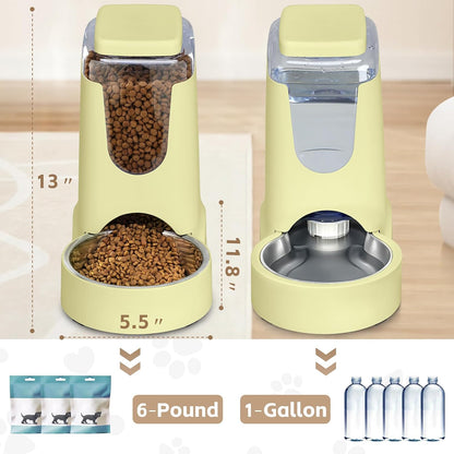 HWONMTE Portable Automatic Cat Feeder and Water Dispenser with Stainless Steel Bowl Dog Gravity Food Feeder and Waterer for Small Medium Pets Puppy Kitten 1 Gallon x 2 (Cream Yellow)