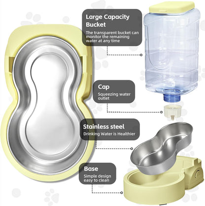 HWONMTE Portable Automatic Cat Feeder and Water Dispenser with Stainless Steel Bowl Dog Gravity Food Feeder and Waterer for Small Medium Pets Puppy Kitten 1 Gallon x 2 (Cream Yellow)