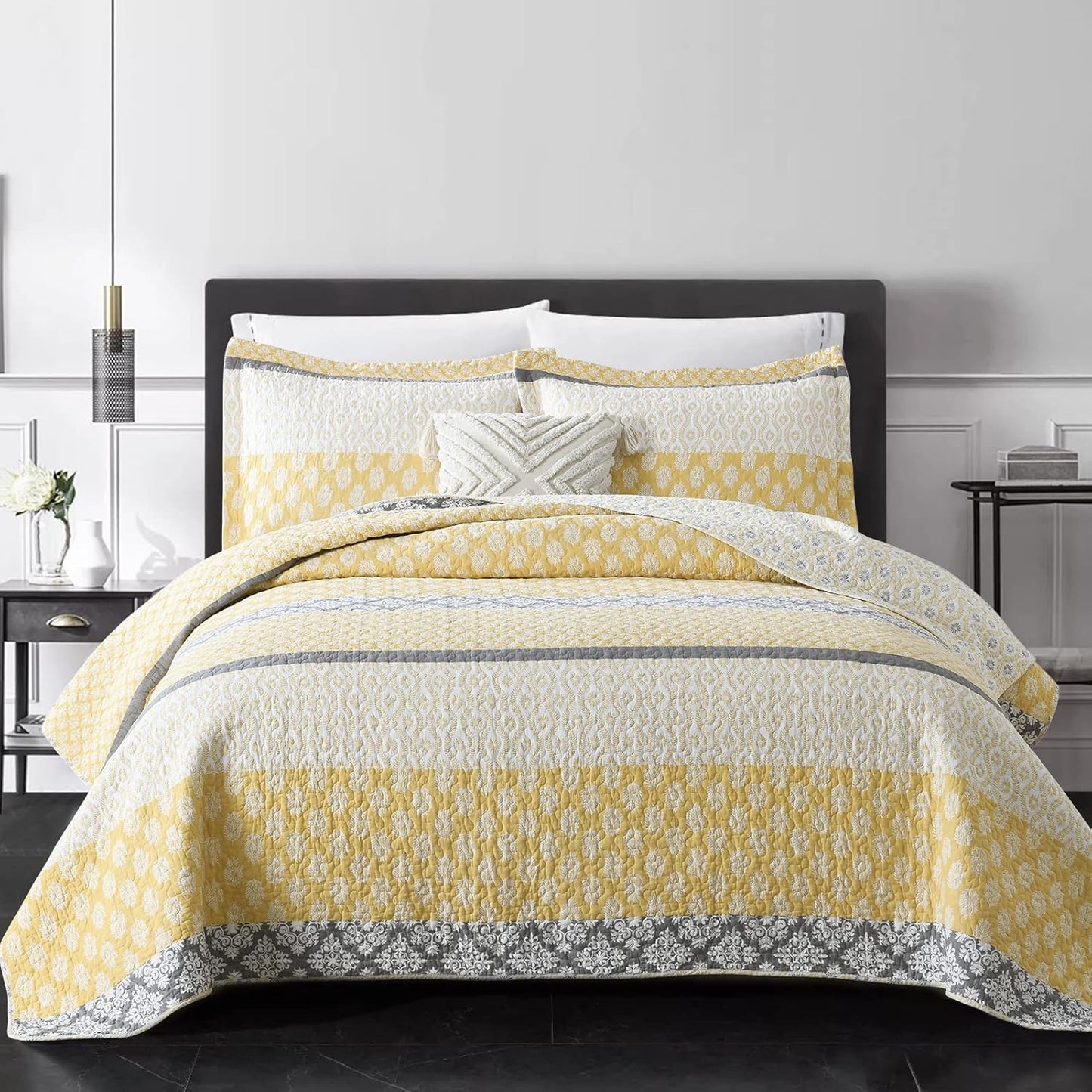 Yellow Quilt King Size - King Quilt Set, 100% Long-Staple Cotton Floral Quilt Bedding Set Bedspreads, Patchwork Reversible Lightweight Comforter Bed Spread for All Season, Yellow/Gray, 3 Pcs