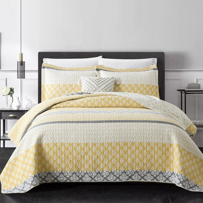Yellow Quilt King Size - King Quilt Set, 100% Long-Staple Cotton Floral Quilt Bedding Set Bedspreads, Patchwork Reversible Lightweight Comforter Bed Spread for All Season, Yellow/Gray, 3 Pcs