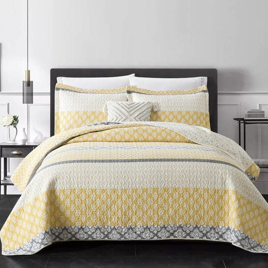 Yellow Quilt King Size - King Quilt Set, 100% Long-Staple Cotton Floral Quilt Bedding Set Bedspreads, Patchwork Reversible Lightweight Comforter Bed Spread for All Season, Yellow/Gray, 3 Pcs