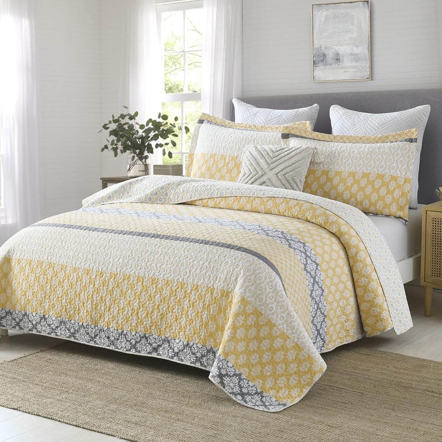 Yellow Quilt King Size - King Quilt Set, 100% Long-Staple Cotton Floral Quilt Bedding Set Bedspreads, Patchwork Reversible Lightweight Comforter Bed Spread for All Season, Yellow/Gray, 3 Pcs