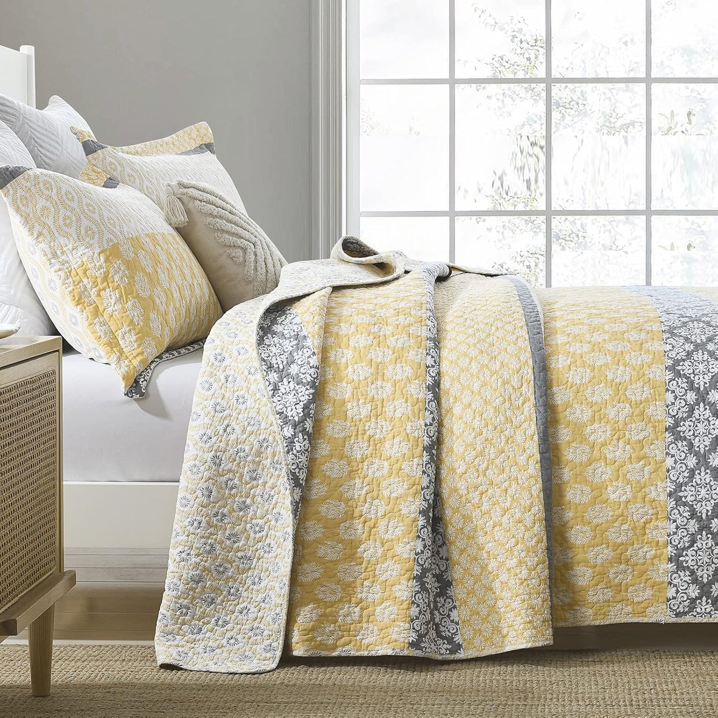 Yellow Quilt King Size - King Quilt Set, 100% Long-Staple Cotton Floral Quilt Bedding Set Bedspreads, Patchwork Reversible Lightweight Comforter Bed Spread for All Season, Yellow/Gray, 3 Pcs