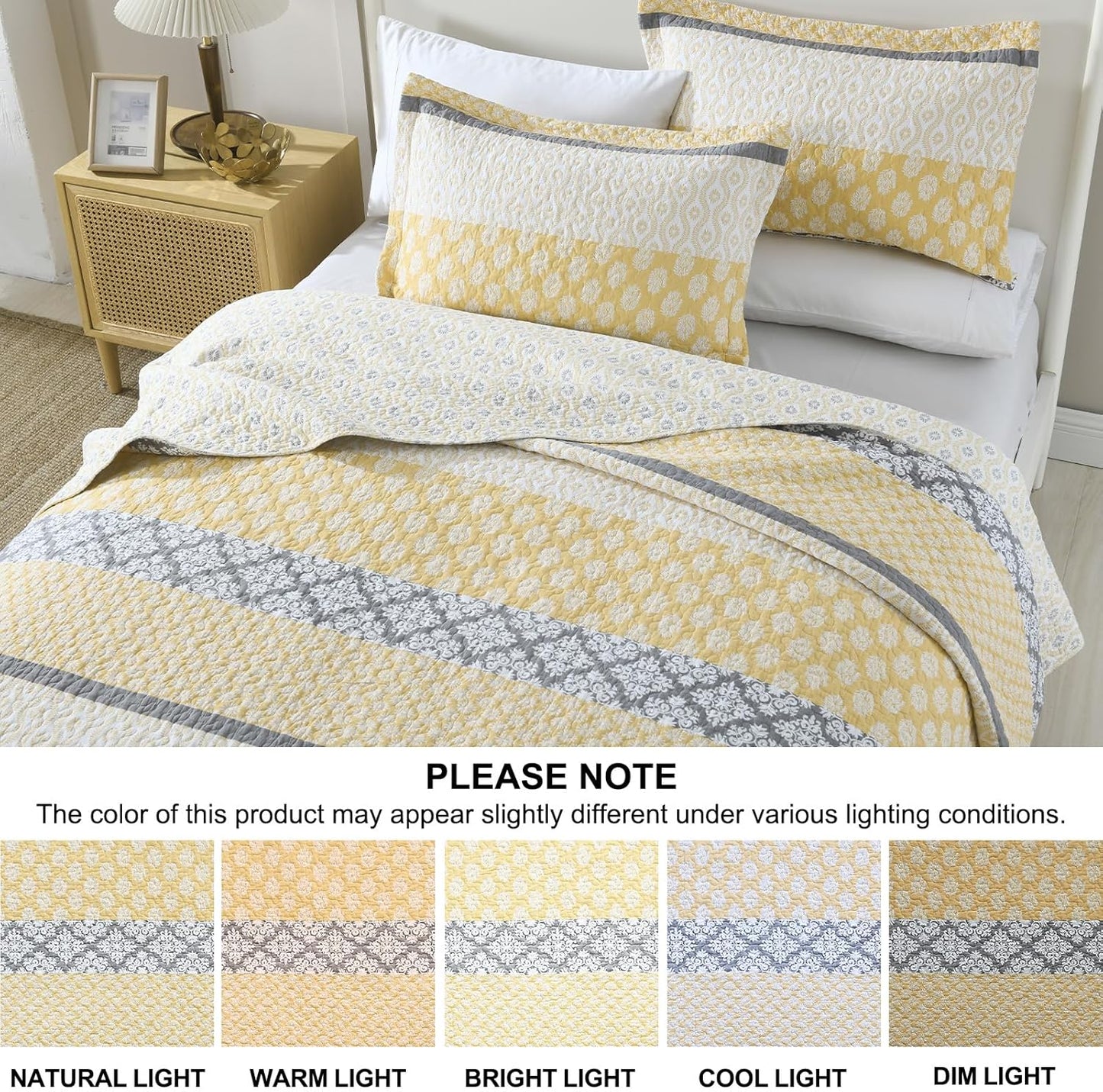 Yellow Quilt King Size - King Quilt Set, 100% Long-Staple Cotton Floral Quilt Bedding Set Bedspreads, Patchwork Reversible Lightweight Comforter Bed Spread for All Season, Yellow/Gray, 3 Pcs