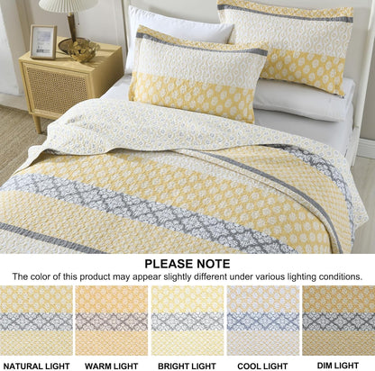 Yellow Quilt King Size - King Quilt Set, 100% Long-Staple Cotton Floral Quilt Bedding Set Bedspreads, Patchwork Reversible Lightweight Comforter Bed Spread for All Season, Yellow/Gray, 3 Pcs