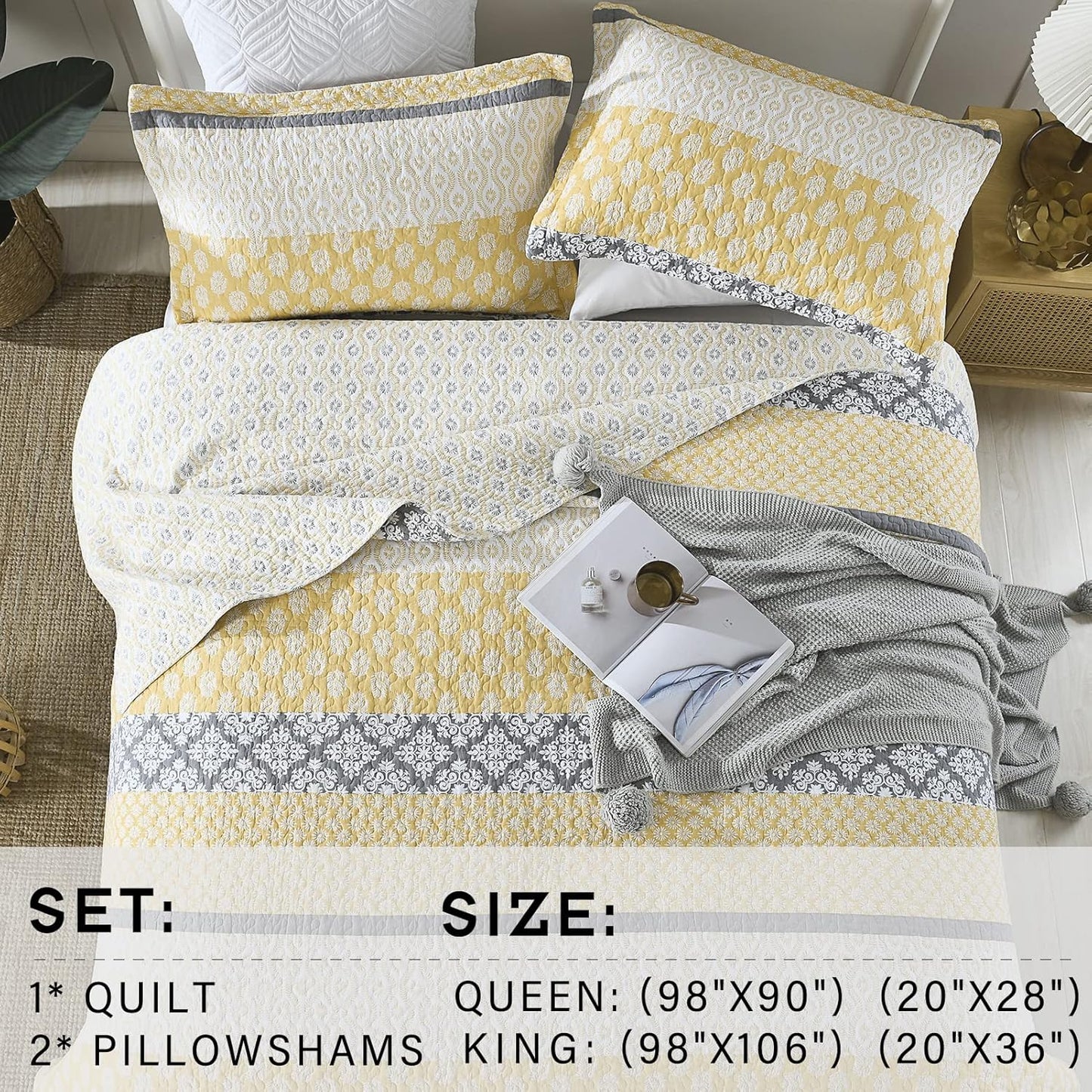 Yellow Quilt King Size - King Quilt Set, 100% Long-Staple Cotton Floral Quilt Bedding Set Bedspreads, Patchwork Reversible Lightweight Comforter Bed Spread for All Season, Yellow/Gray, 3 Pcs