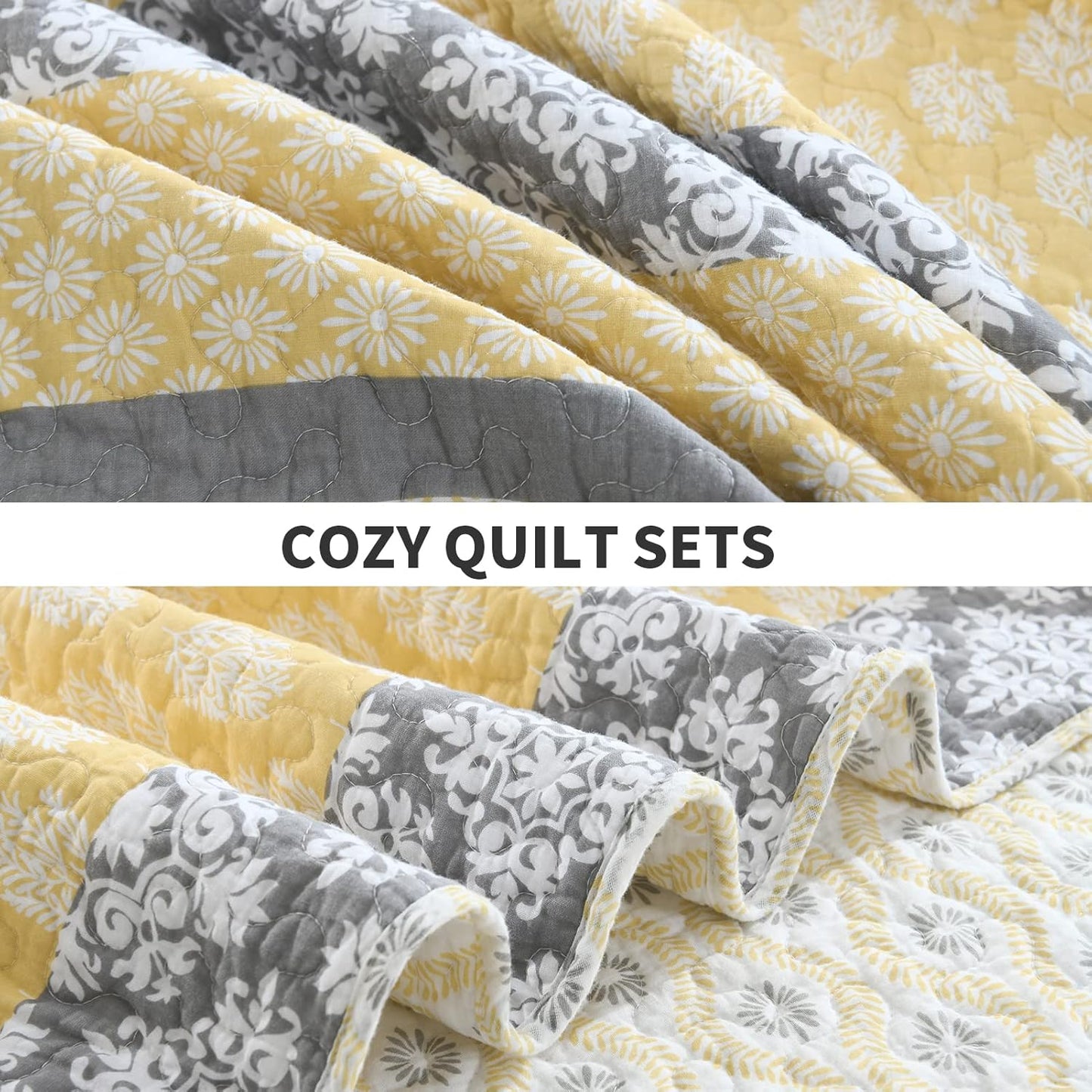 Yellow Quilt King Size - King Quilt Set, 100% Long-Staple Cotton Floral Quilt Bedding Set Bedspreads, Patchwork Reversible Lightweight Comforter Bed Spread for All Season, Yellow/Gray, 3 Pcs