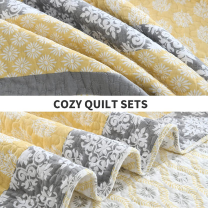 Yellow Quilt King Size - King Quilt Set, 100% Long-Staple Cotton Floral Quilt Bedding Set Bedspreads, Patchwork Reversible Lightweight Comforter Bed Spread for All Season, Yellow/Gray, 3 Pcs
