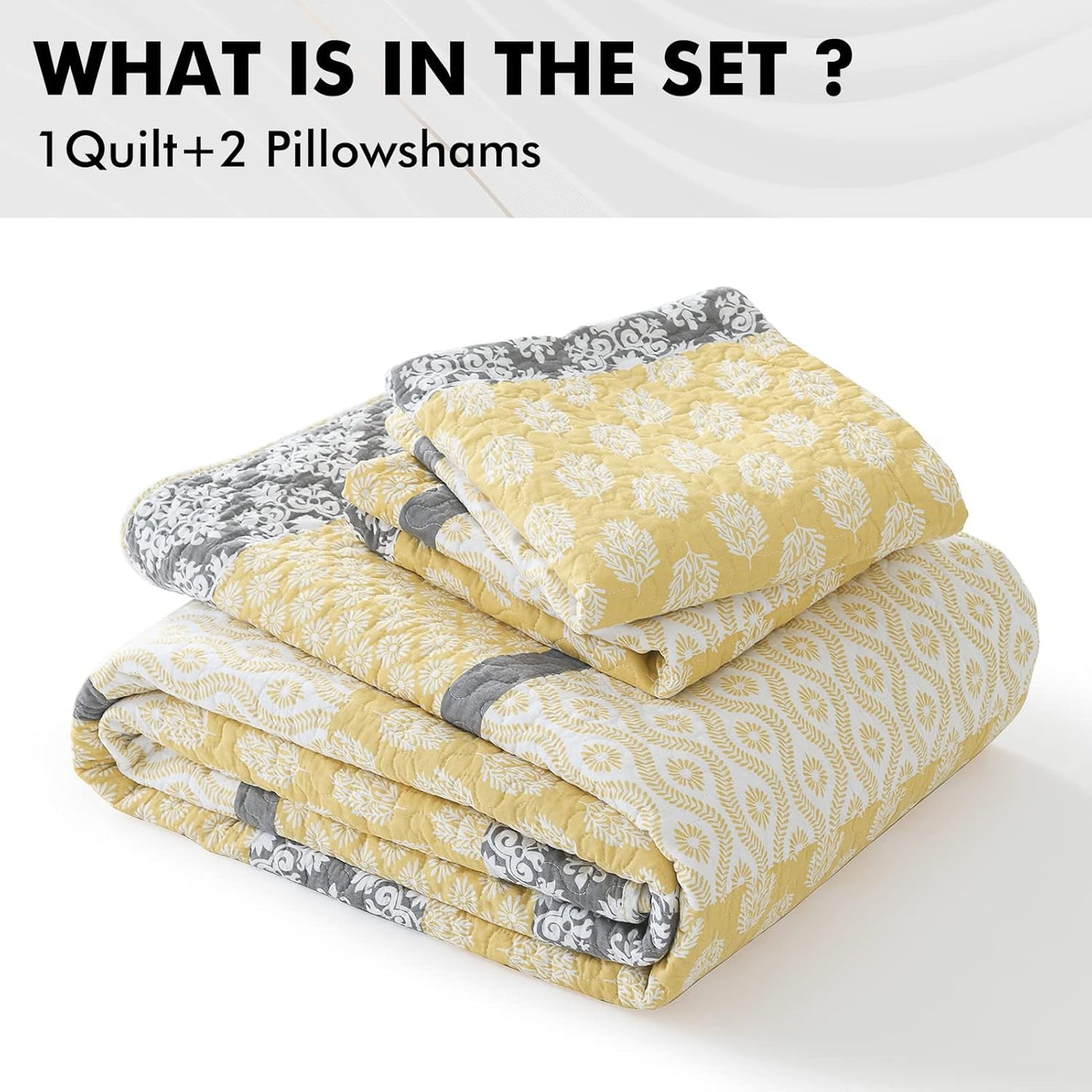 Yellow Quilt King Size - King Quilt Set, 100% Long-Staple Cotton Floral Quilt Bedding Set Bedspreads, Patchwork Reversible Lightweight Comforter Bed Spread for All Season, Yellow/Gray, 3 Pcs