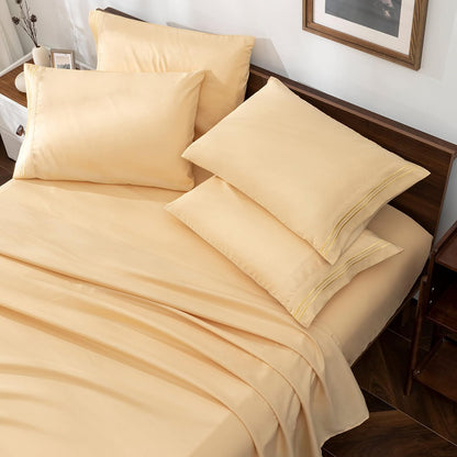 Light Yellow Queen Size Sheet Set - 6 Piece Luxury 1800 Thread Count Bedding Sheets & Pillowcases - 16 Inch Deep Pocket Microfiber Bedding Set - Soft & Wrinkle Bed Sheets