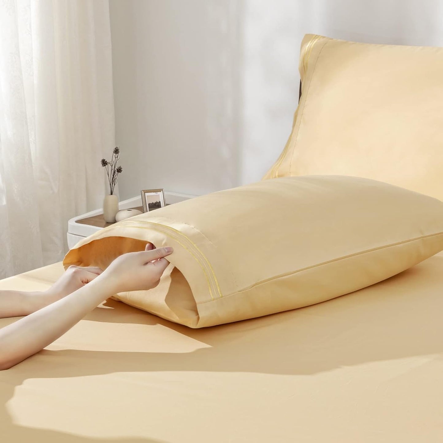 Light Yellow Queen Size Sheet Set - 6 Piece Luxury 1800 Thread Count Bedding Sheets & Pillowcases - 16 Inch Deep Pocket Microfiber Bedding Set - Soft & Wrinkle Bed Sheets