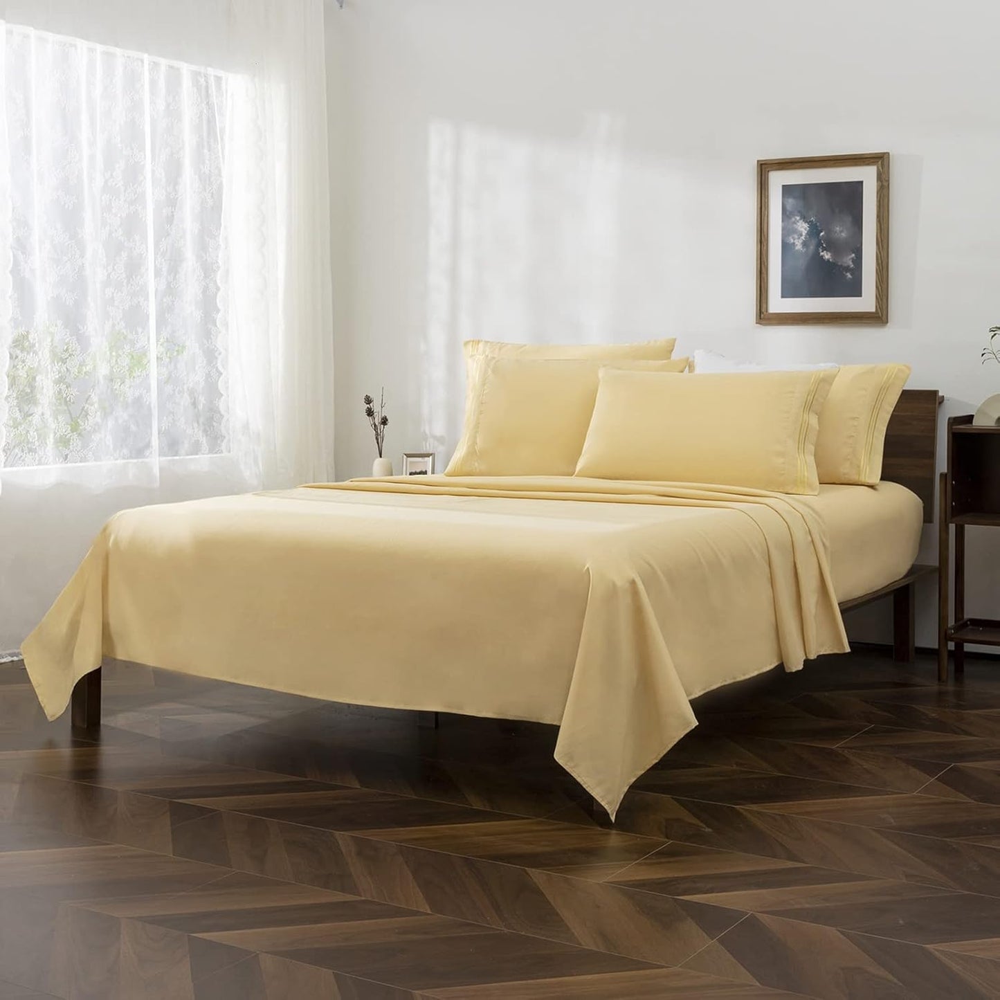 Light Yellow Queen Size Sheet Set - 6 Piece Luxury 1800 Thread Count Bedding Sheets & Pillowcases - 16 Inch Deep Pocket Microfiber Bedding Set - Soft & Wrinkle Bed Sheets