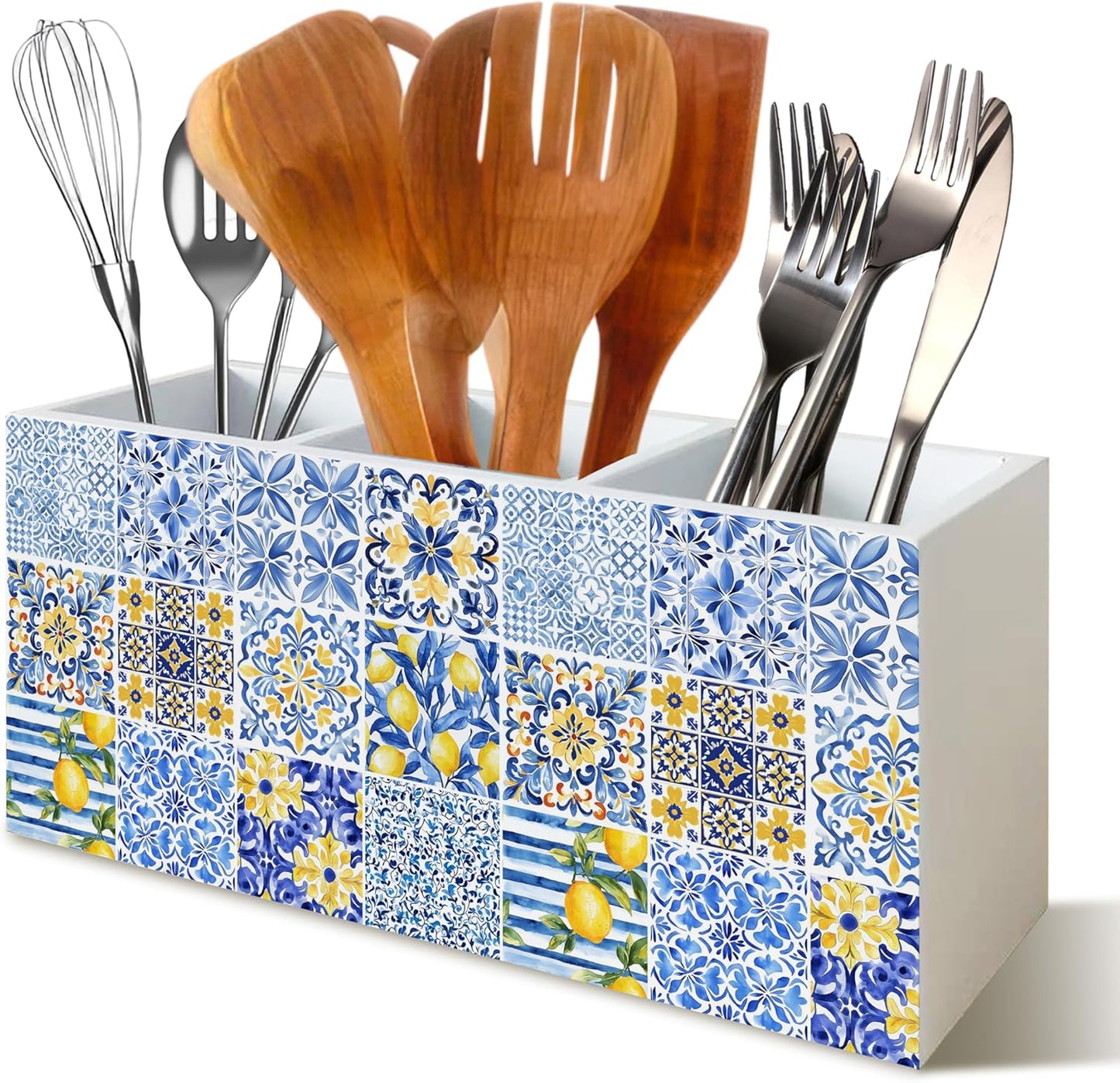 Mediterranean Italy Lemon Pen Pencil Kitchen Cooking Brush Makeup Utensil Holder Organizer for Desk, Mediterranean Lemon Decor, Blue and White Wooden Box Sign for Home Office Tabletop Decor
