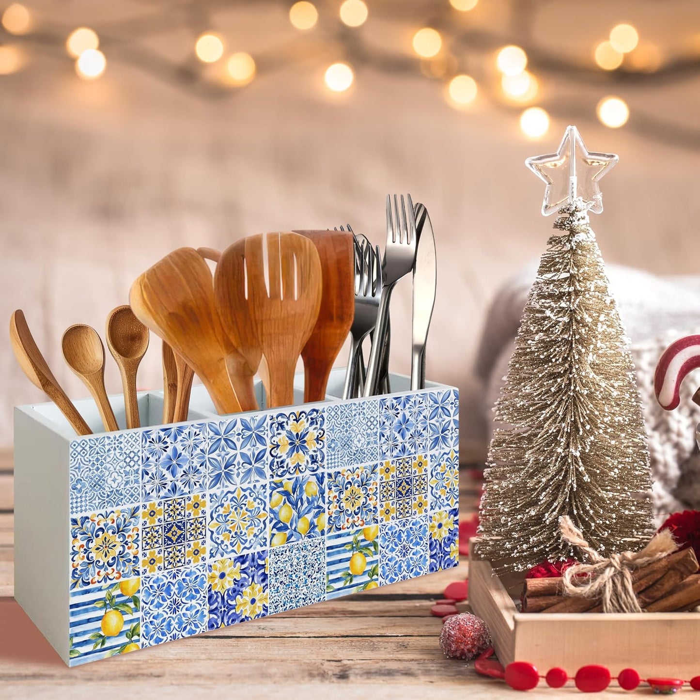 Mediterranean Italy Lemon Pen Pencil Kitchen Cooking Brush Makeup Utensil Holder Organizer for Desk, Mediterranean Lemon Decor, Blue and White Wooden Box Sign for Home Office Tabletop Decor