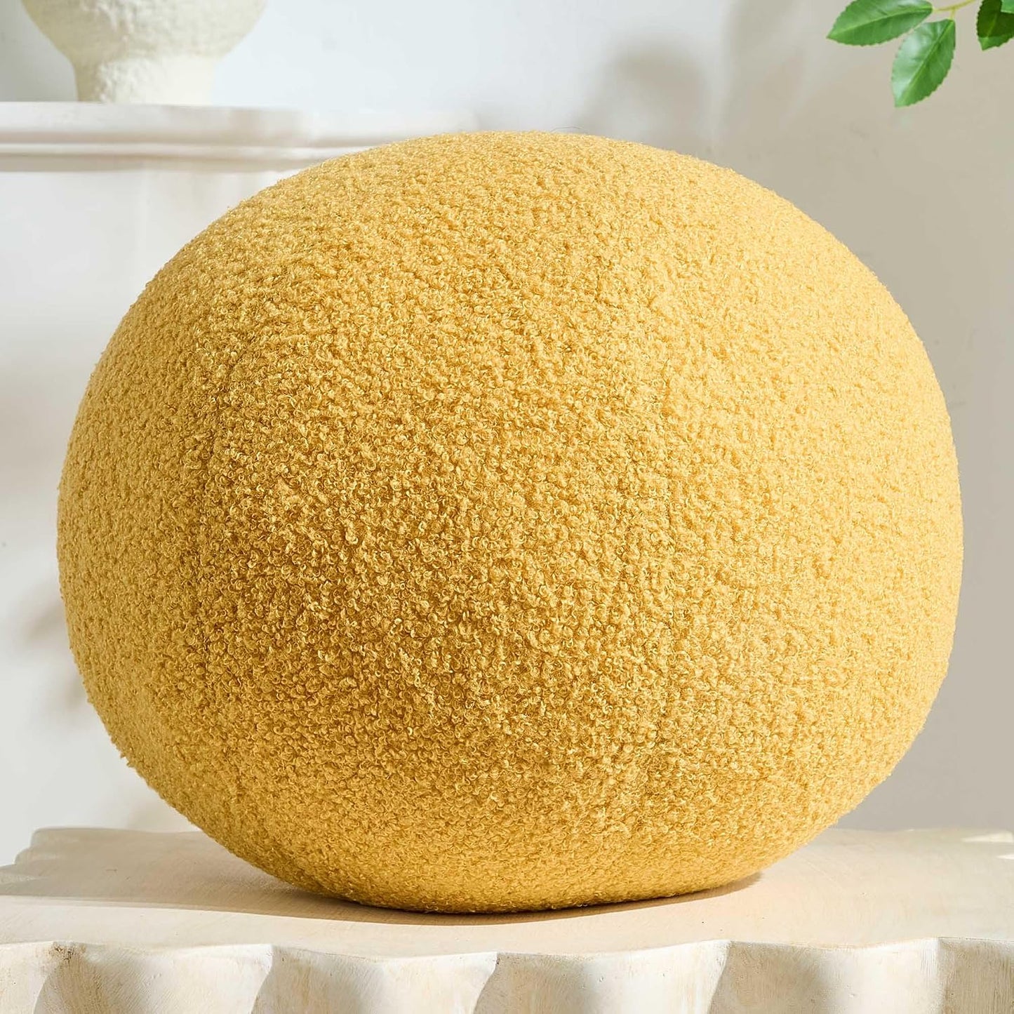 Ball Pillow Round Boucle Yellow Couch Bed Throw Decor Accent 11.8" | Soft plush round pillow, boho pillows, decorative pillows for bed, aesthetic room decor - modern accent for couch & sofa.