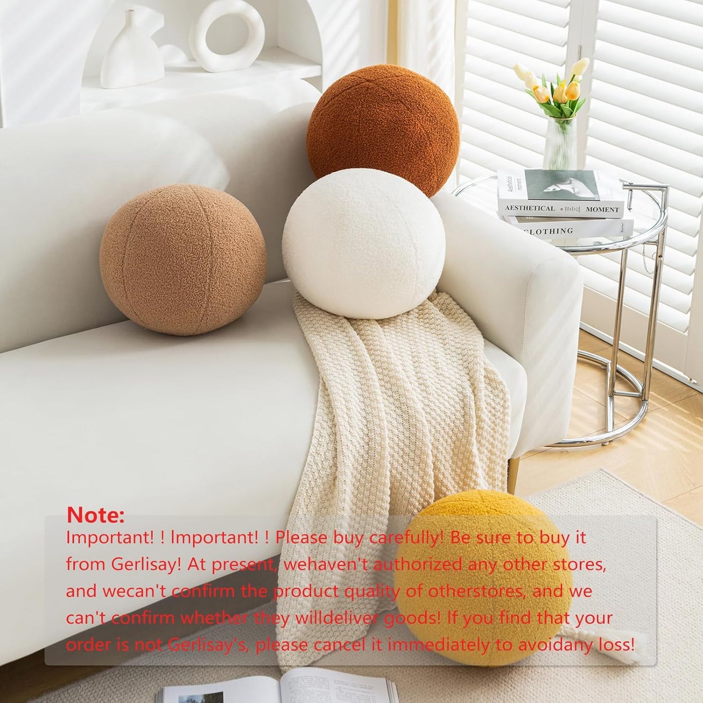 Ball Pillow Round Boucle Yellow Couch Bed Throw Decor Accent 11.8" | Soft plush round pillow, boho pillows, decorative pillows for bed, aesthetic room decor - modern accent for couch & sofa.