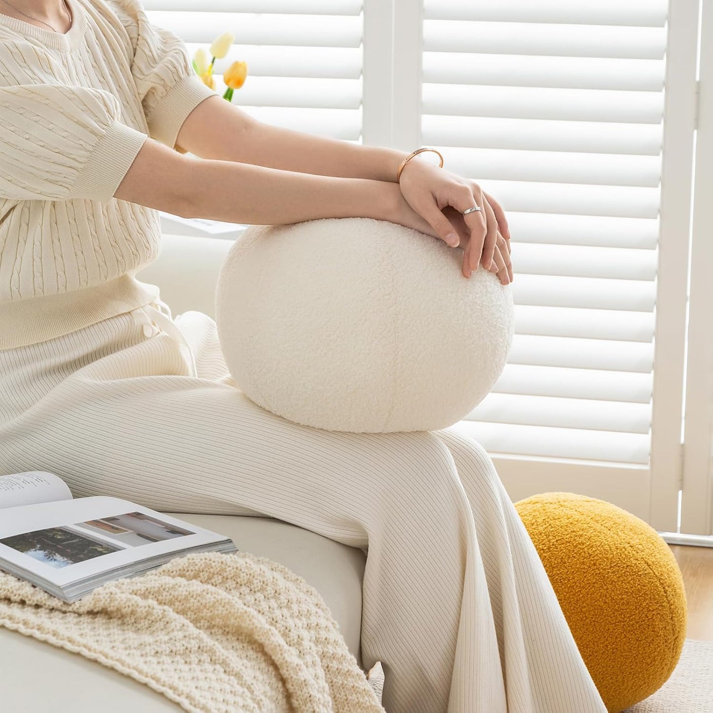 Ball Pillow Round Boucle Yellow Couch Bed Throw Decor Accent 11.8" | Soft plush round pillow, boho pillows, decorative pillows for bed, aesthetic room decor - modern accent for couch & sofa.
