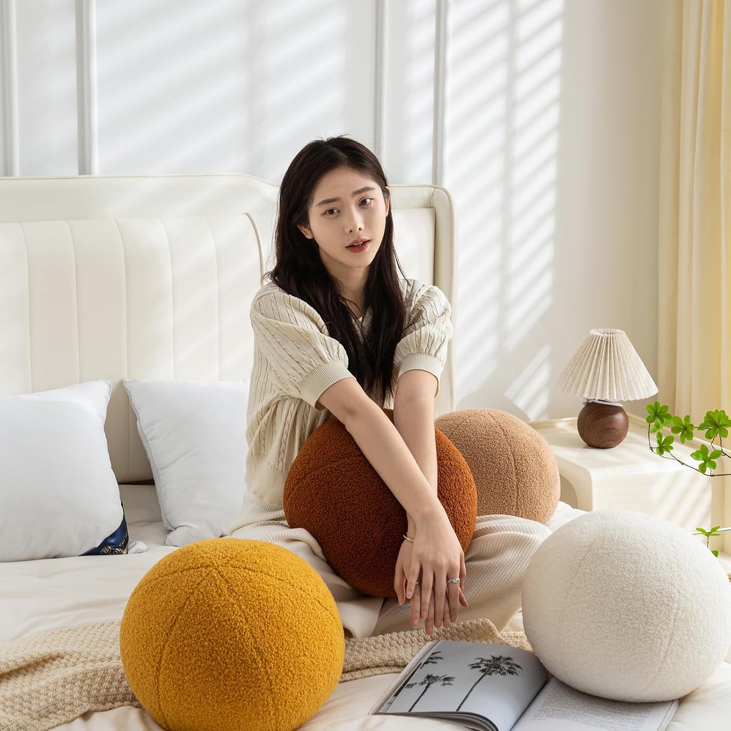 Ball Pillow Round Boucle Yellow Couch Bed Throw Decor Accent 11.8" | Soft plush round pillow, boho pillows, decorative pillows for bed, aesthetic room decor - modern accent for couch & sofa.