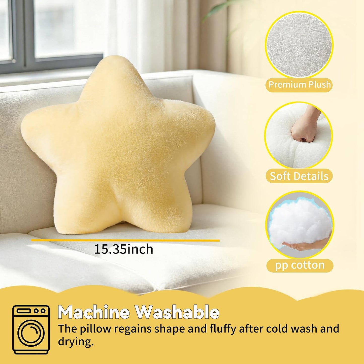 2PCS Star Pillow Set,15.35“ Cute Yellow Decorative Throw Pillows for Bed | Star Shaped Throw Pillows, Soft Faux Plush,PP Cotton Filling, Aesthetic Pillow Cushion for Room Bedroom Sofa Couch Decor