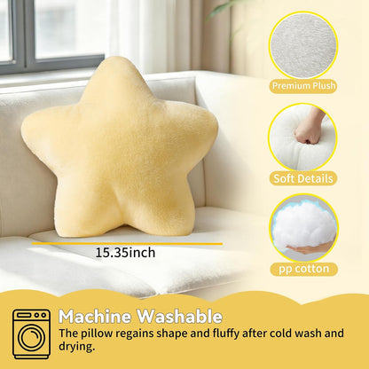 2PCS Star Pillow Set,15.35“ Cute Yellow Decorative Throw Pillows for Bed | Star Shaped Throw Pillows, Soft Faux Plush,PP Cotton Filling, Aesthetic Pillow Cushion for Room Bedroom Sofa Couch Decor