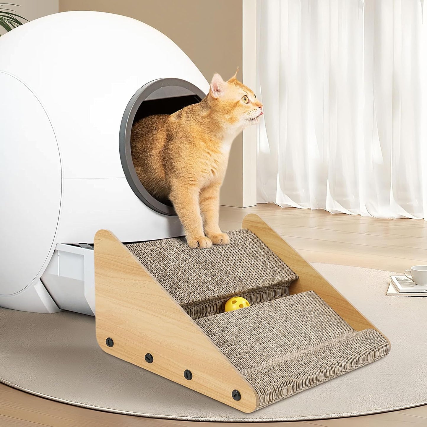 Litter Box Ramp for Elder Cats & Kittens, Corrugated Paper Cat Scratcher Post with a Ball, Suitable for Second Generation Automatic Litter Box