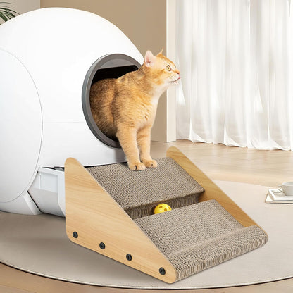 Litter Box Ramp for Elder Cats & Kittens, Corrugated Paper Cat Scratcher Post with a Ball, Suitable for Second Generation Automatic Litter Box