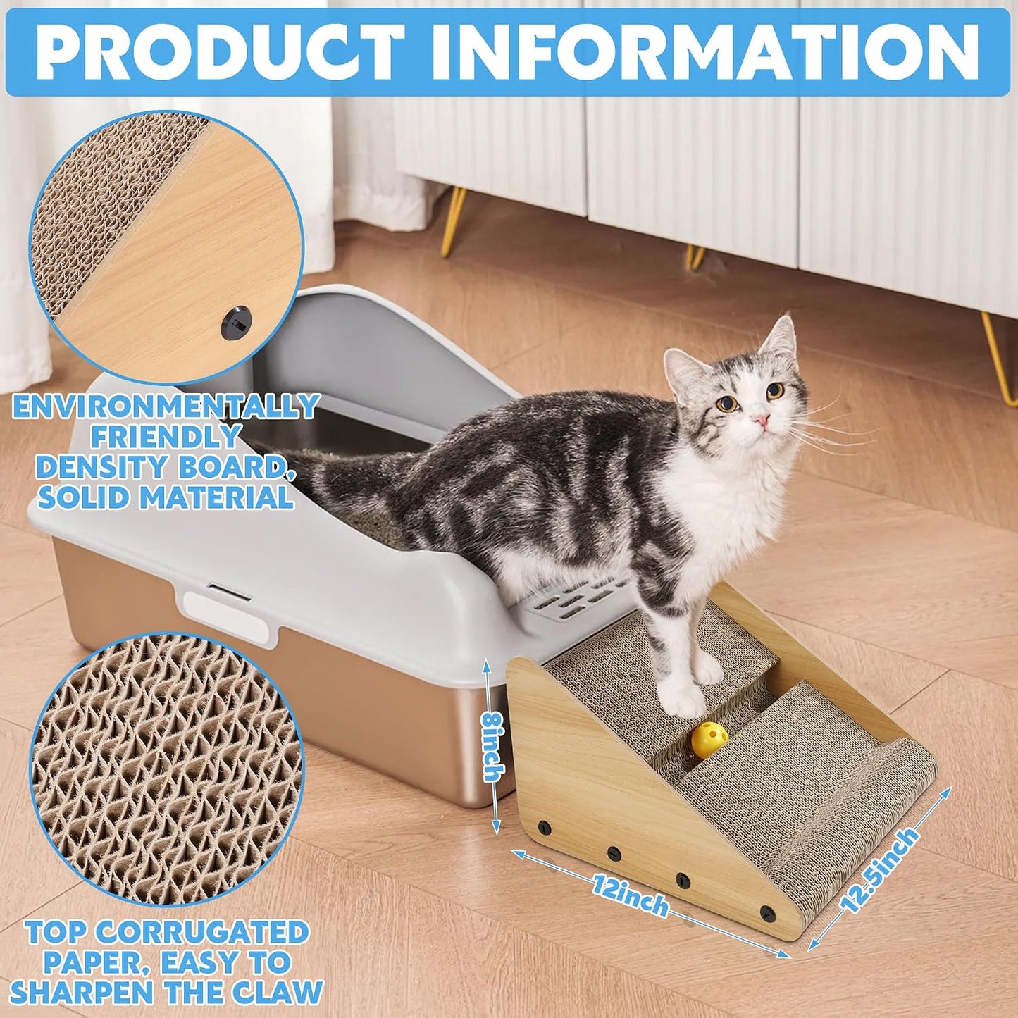 Litter Box Ramp for Elder Cats & Kittens, Corrugated Paper Cat Scratcher Post with a Ball, Suitable for Second Generation Automatic Litter Box