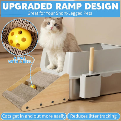 Litter Box Ramp for Elder Cats & Kittens, Corrugated Paper Cat Scratcher Post with a Ball, Suitable for Second Generation Automatic Litter Box