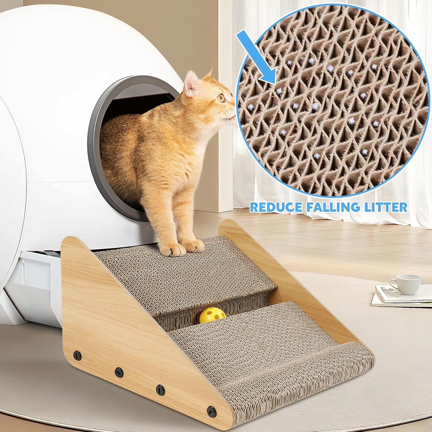 Litter Box Ramp for Elder Cats & Kittens, Corrugated Paper Cat Scratcher Post with a Ball, Suitable for Second Generation Automatic Litter Box