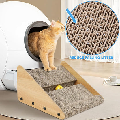 Litter Box Ramp for Elder Cats & Kittens, Corrugated Paper Cat Scratcher Post with a Ball, Suitable for Second Generation Automatic Litter Box