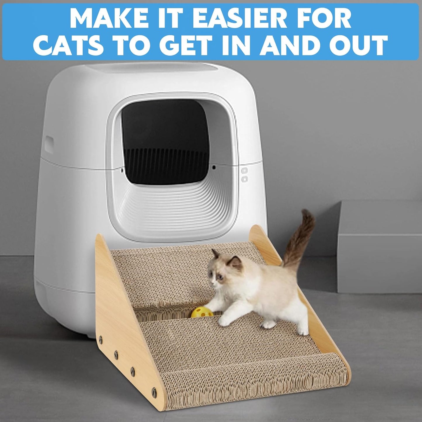 Litter Box Ramp for Elder Cats & Kittens, Corrugated Paper Cat Scratcher Post with a Ball, Suitable for Second Generation Automatic Litter Box