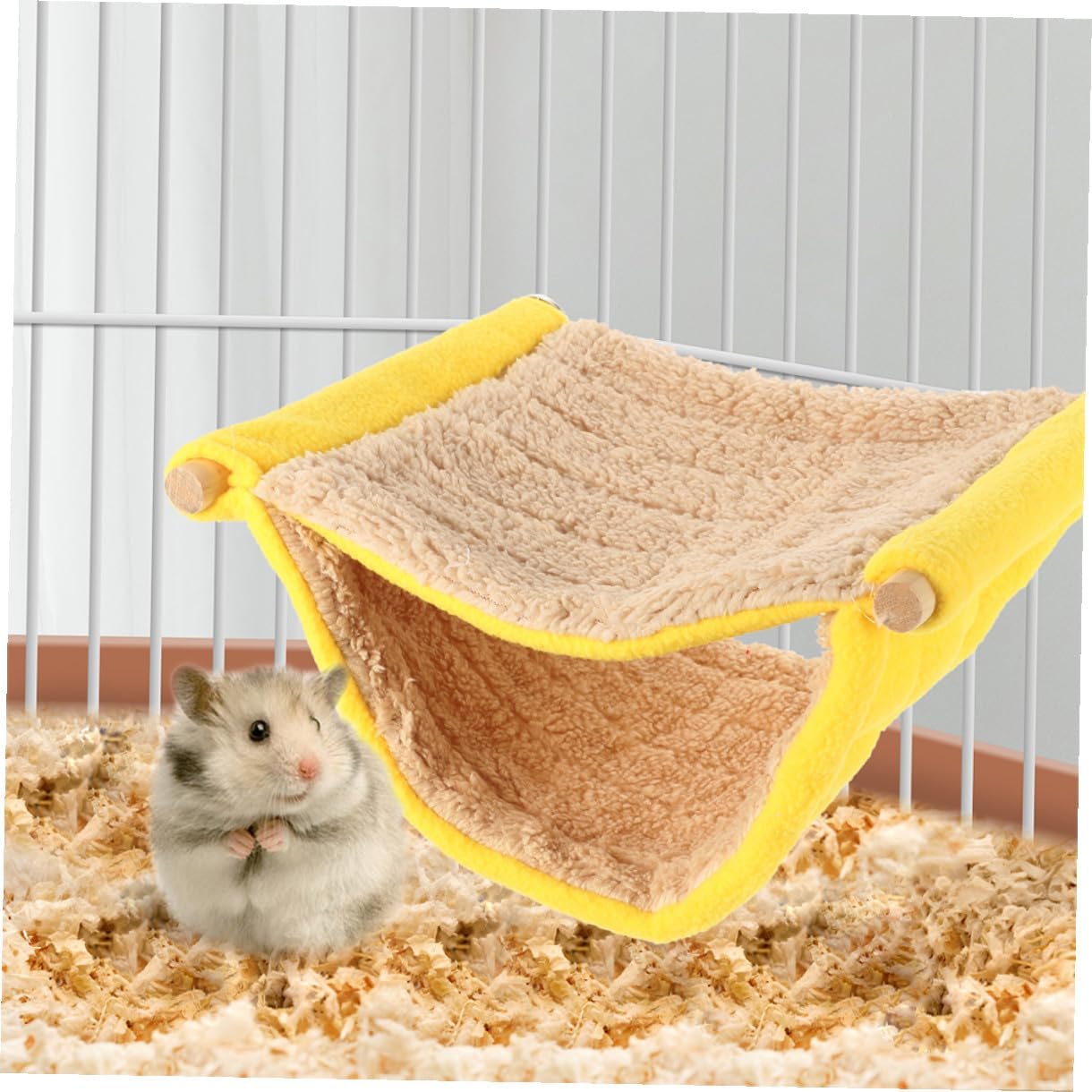 Double Layer Small Pet Hammock Bed Plush Hanging Nest for Hamster and Parrot Cage Accessories, Yellow Warm Sleeping Hut for Small Animals
