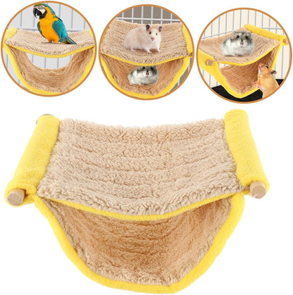 Double Layer Small Pet Hammock Bed Plush Hanging Nest for Hamster and Parrot Cage Accessories, Yellow Warm Sleeping Hut for Small Animals