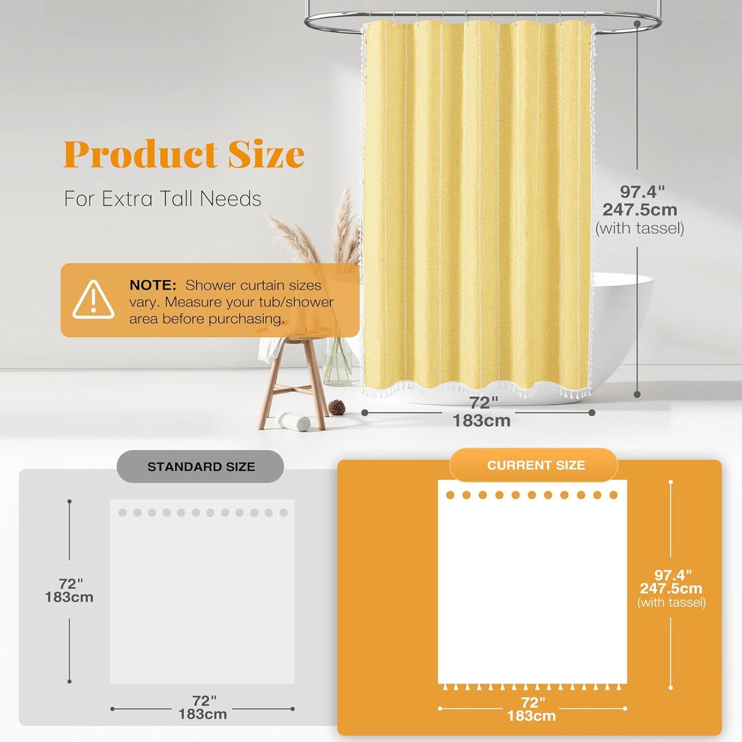 BTTN Extra Long , 72x96 Long Striped Boho Chic Linen Fabric Heavy Duty with Hooks, Tall Bohemian Farmhouse Rustic Luxury Tassel Cloth for Bathroom, Yellow
