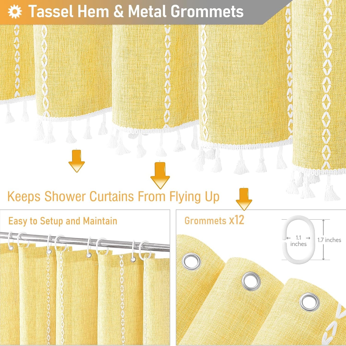 BTTN Extra Long , 72x96 Long Striped Boho Chic Linen Fabric Heavy Duty with Hooks, Tall Bohemian Farmhouse Rustic Luxury Tassel Cloth for Bathroom, Yellow
