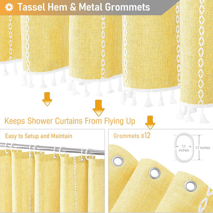 BTTN Extra Long , 72x96 Long Striped Boho Chic Linen Fabric Heavy Duty with Hooks, Tall Bohemian Farmhouse Rustic Luxury Tassel Cloth for Bathroom, Yellow