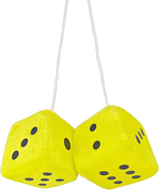 1 Pair 3” Yellow Fuzzy Plush Dice Classic Vintage [Nostalgic 80’s Fuzzy Car Dice for Mirror ] for Automotive Interior Mirrors