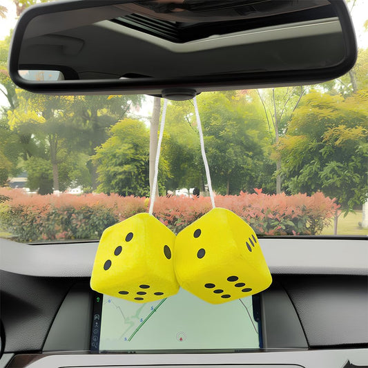 1 Pair 3” Yellow Fuzzy Plush Dice Classic Vintage [Nostalgic 80’s Fuzzy Car Dice for Mirror ] for Automotive Interior Mirrors