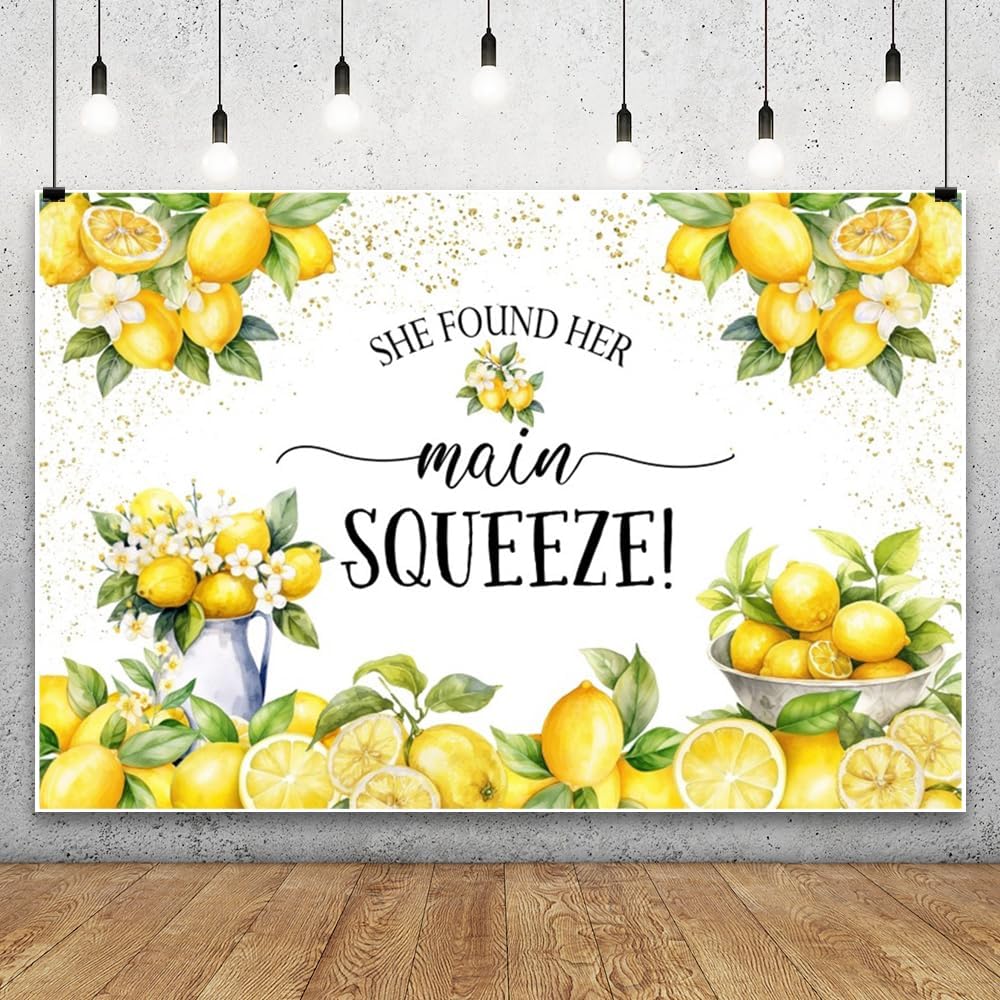 She Found Her Main Squeeze Backdrop for Photography 8x6ft Vinyl Blue Floral Lemon Bridal Shower Decorations Bachelorette Bride to Be Engagement Party Backdrops Photo Booth Banner