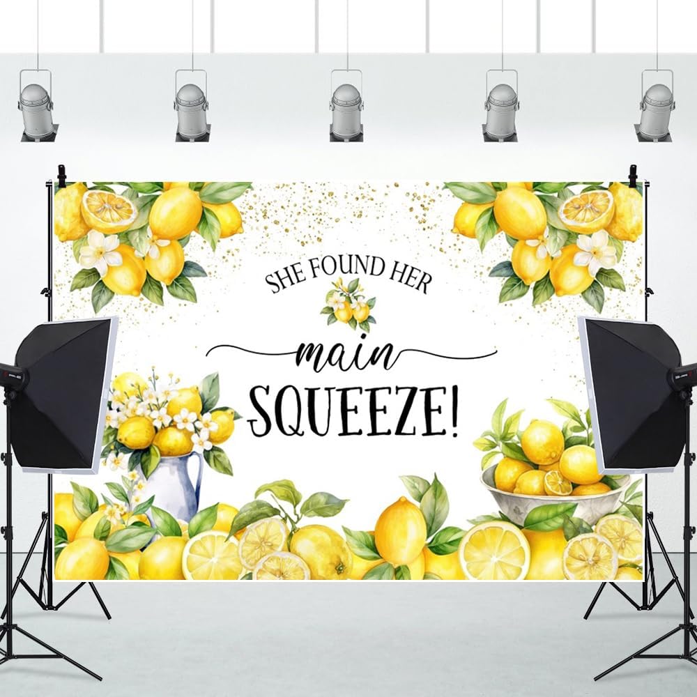 She Found Her Main Squeeze Backdrop for Photography 8x6ft Vinyl Blue Floral Lemon Bridal Shower Decorations Bachelorette Bride to Be Engagement Party Backdrops Photo Booth Banner