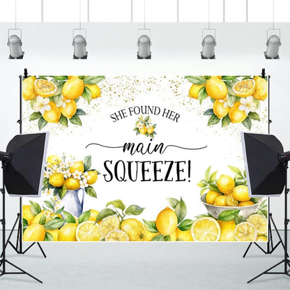 She Found Her Main Squeeze Backdrop for Photography 8x6ft Vinyl Blue Floral Lemon Bridal Shower Decorations Bachelorette Bride to Be Engagement Party Backdrops Photo Booth Banner