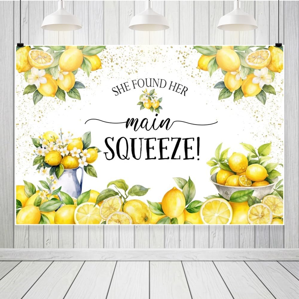 She Found Her Main Squeeze Backdrop for Photography 8x6ft Vinyl Blue Floral Lemon Bridal Shower Decorations Bachelorette Bride to Be Engagement Party Backdrops Photo Booth Banner
