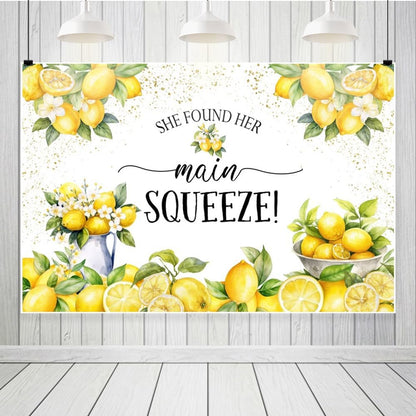 She Found Her Main Squeeze Backdrop for Photography 8x6ft Vinyl Blue Floral Lemon Bridal Shower Decorations Bachelorette Bride to Be Engagement Party Backdrops Photo Booth Banner
