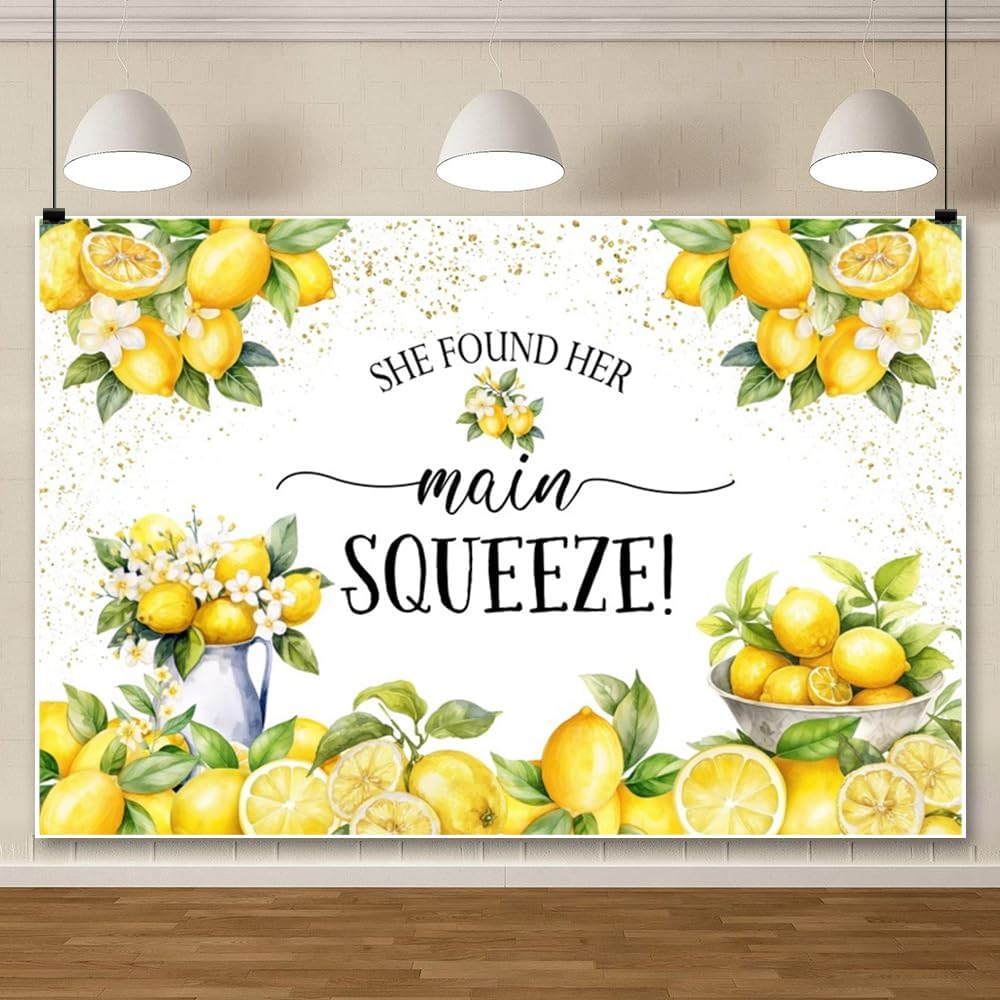 She Found Her Main Squeeze Backdrop for Photography 8x6ft Vinyl Blue Floral Lemon Bridal Shower Decorations Bachelorette Bride to Be Engagement Party Backdrops Photo Booth Banner