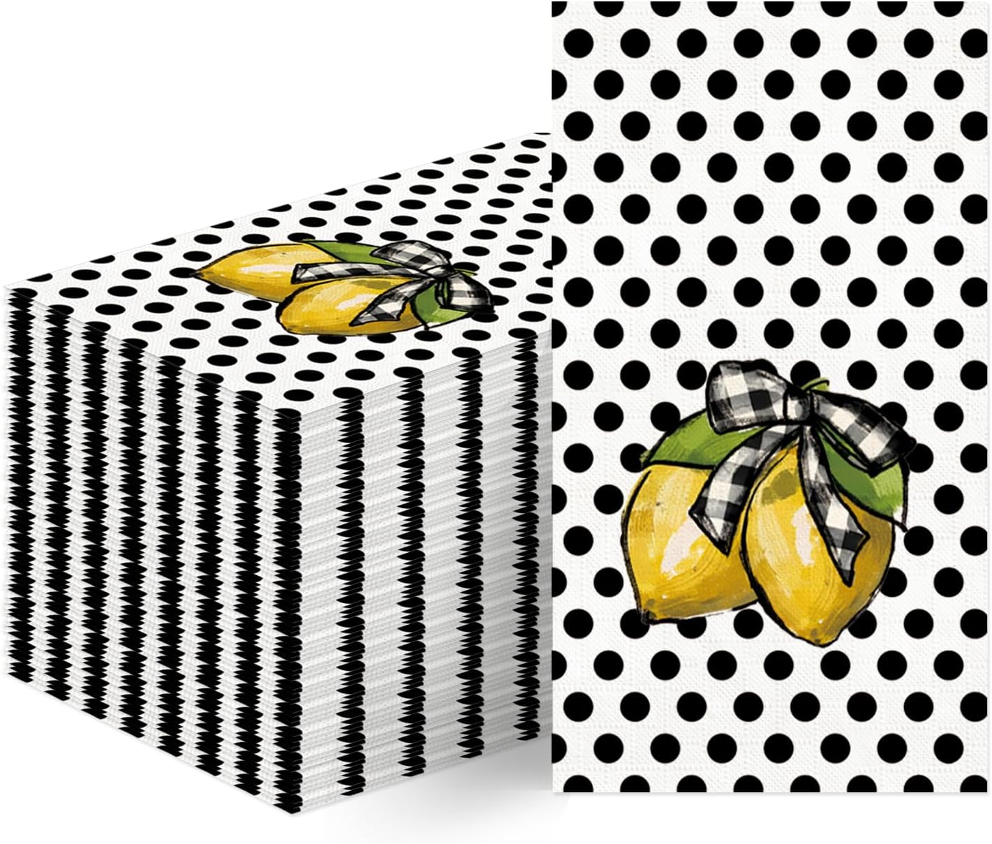 100 Count Summer Disposable Napkins Black Polka Dots Lemon Cocktail Napkins Decorative Luncheon Dinner Paper Guest Hand Towels for Birthday Wedding Kitchen Bathroom Party Supplies 4.3x7.8 Inch