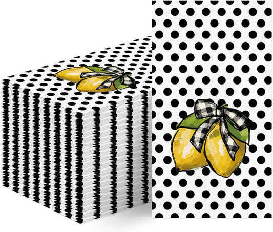 100 Count Summer Disposable Napkins Black Polka Dots Lemon Cocktail Napkins Decorative Luncheon Dinner Paper Guest Hand Towels for Birthday Wedding Kitchen Bathroom Party Supplies 4.3x7.8 Inch