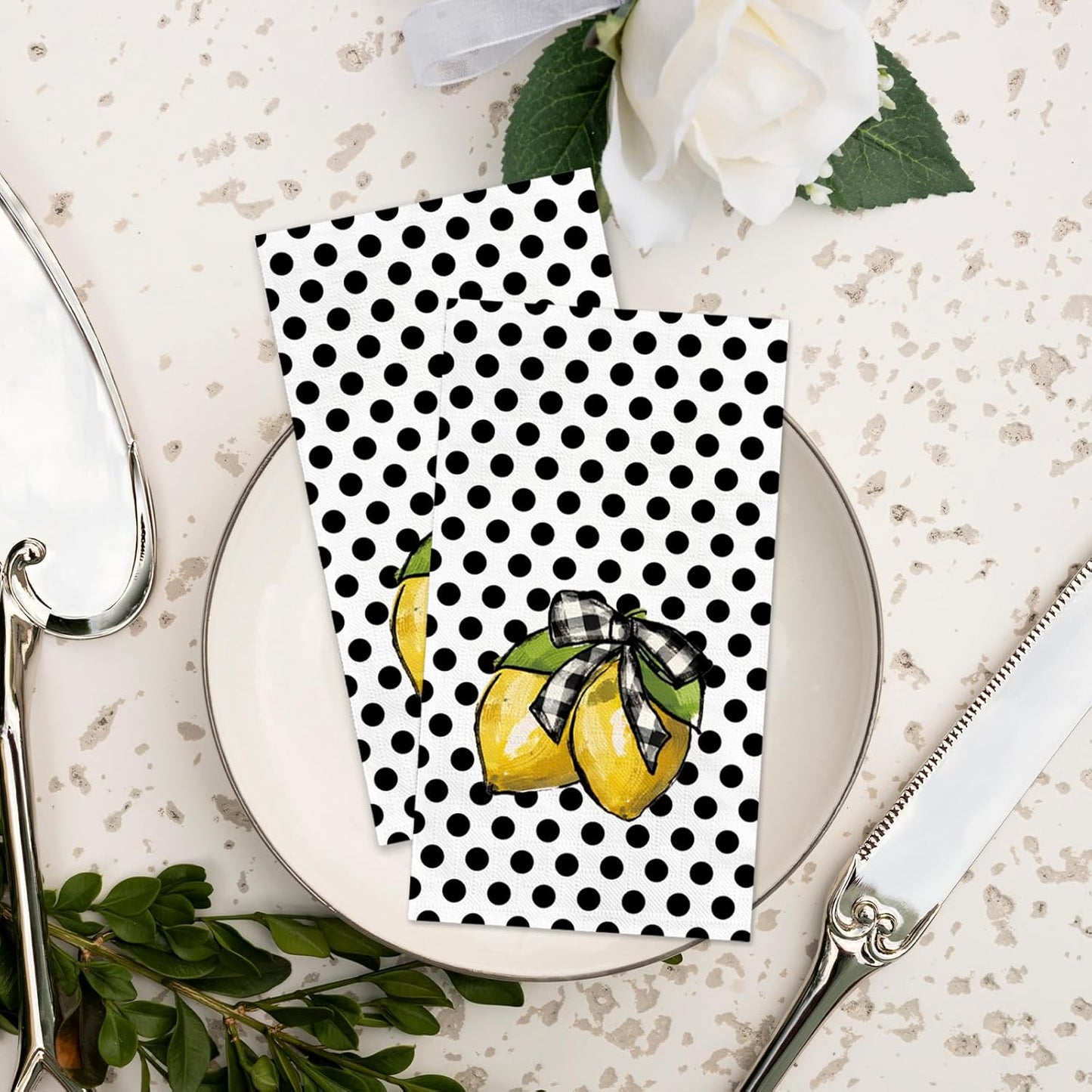 100 Count Summer Disposable Napkins Black Polka Dots Lemon Cocktail Napkins Decorative Luncheon Dinner Paper Guest Hand Towels for Birthday Wedding Kitchen Bathroom Party Supplies 4.3x7.8 Inch