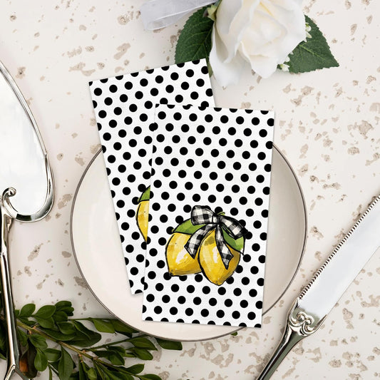100 Count Summer Disposable Napkins Black Polka Dots Lemon Cocktail Napkins Decorative Luncheon Dinner Paper Guest Hand Towels for Birthday Wedding Kitchen Bathroom Party Supplies 4.3x7.8 Inch