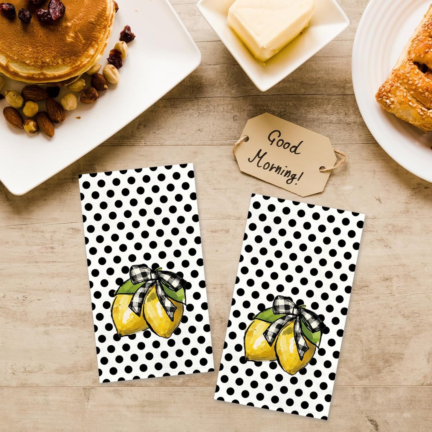 100 Count Summer Disposable Napkins Black Polka Dots Lemon Cocktail Napkins Decorative Luncheon Dinner Paper Guest Hand Towels for Birthday Wedding Kitchen Bathroom Party Supplies 4.3x7.8 Inch
